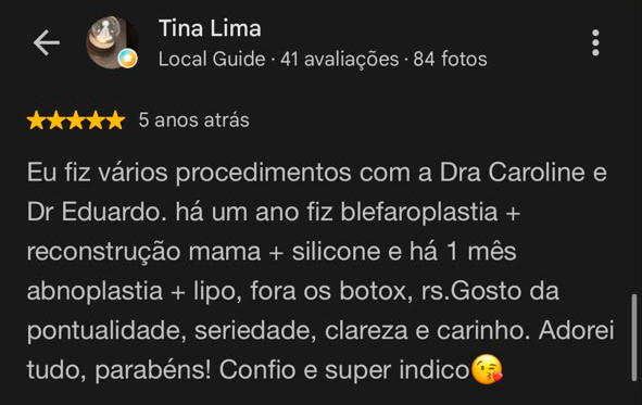 Depoimento de paciente 3 no Google