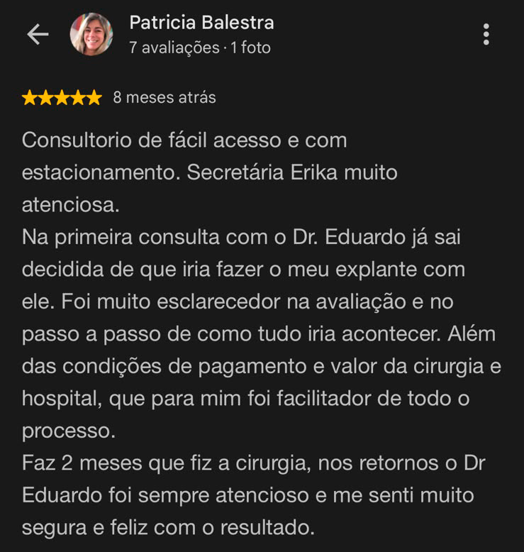 Depoimento de paciente 8 no Google