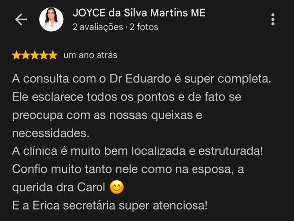 Depoimento de paciente 5 no Google